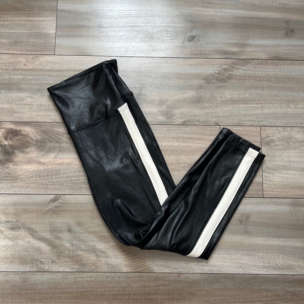 Spanx Faux Leather Side Stripe Leggings Black White High Waist Large L G-20